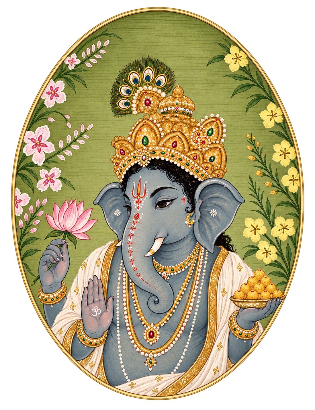 Lord Ganesha holding a lotus and sweets